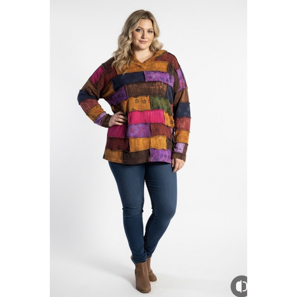 Greater Good Cotton Patchwork Hoodie Womens Size 3XL Multi Tunic Hippie Boho‎